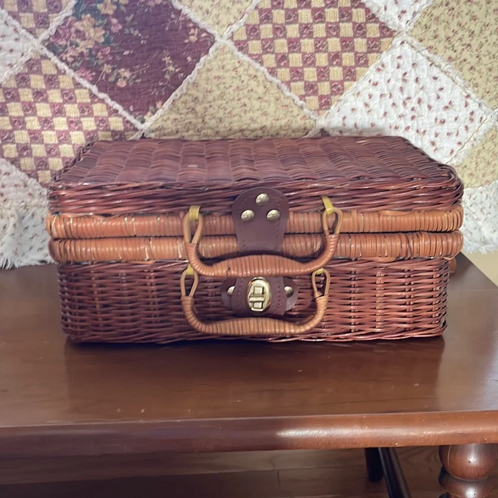 Woven Rattan Storage Basket with Leather-Look Handle - Brown